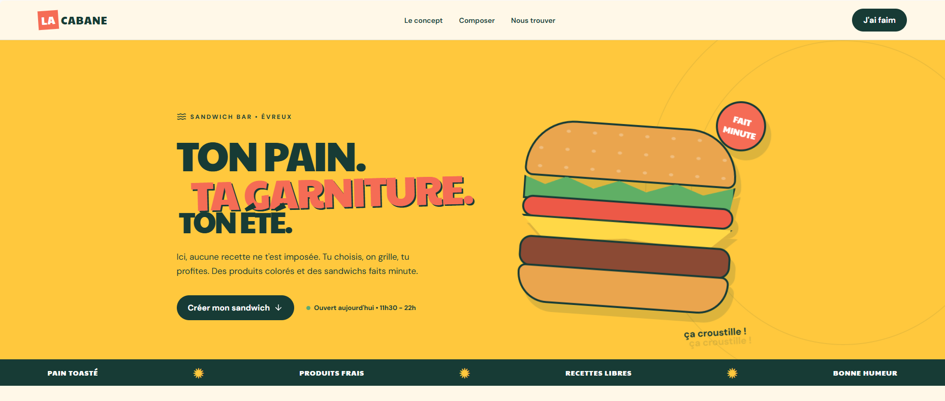 Capture d'écran du site du restaurant La Cabane, un projet réel réalisé par Dev'reux